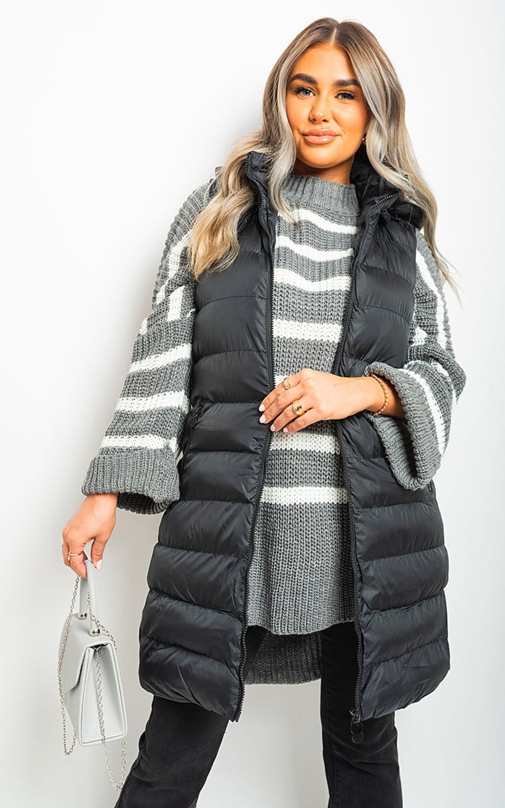 Hooded Longline Quilted Gilet – M Black