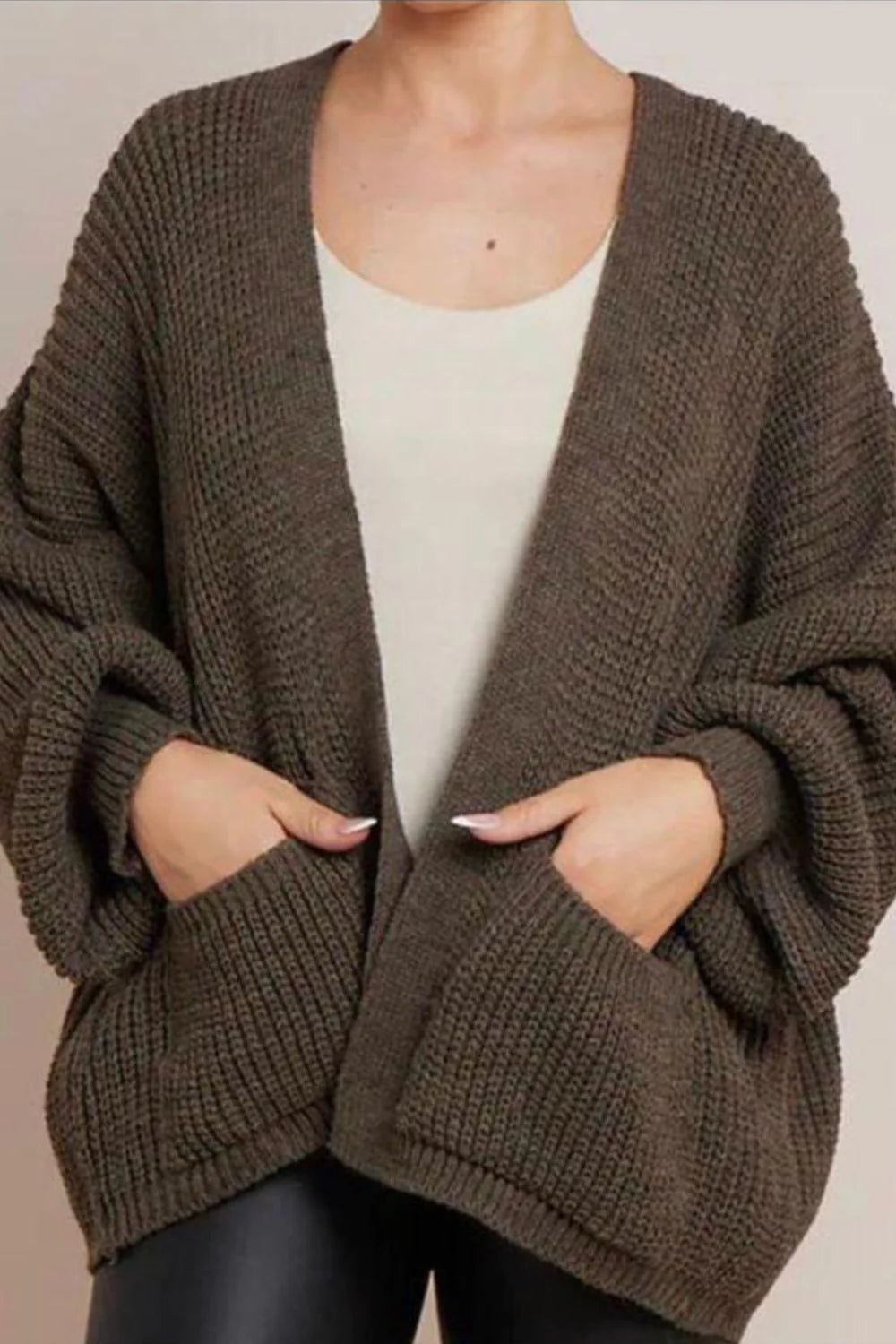 Crop Balloon Pocket Cardigan – One Size – Brown Crop Balloon Pocket Cardigan – One Size – Brown