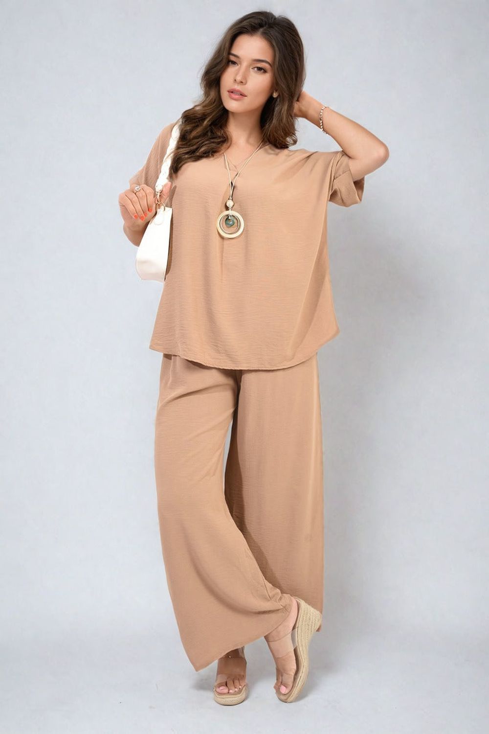 Effortlessly Chic V-Neck Top & Wide Leg Trousers Set – Premium Quality – Various Sizes & Colors – ML Mocha