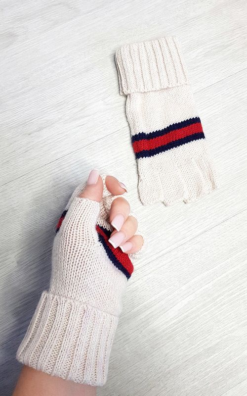 Fingerless Gloves with Stripe Detail – Beige SZE