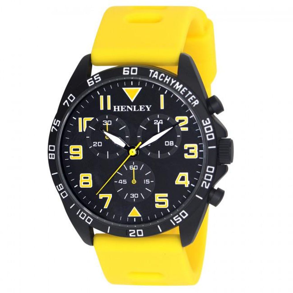 Henley Men’s Multi Eye Black Dial Yellow Sports Watch H. – Large Silicone Strap – High-Quality & Stylish