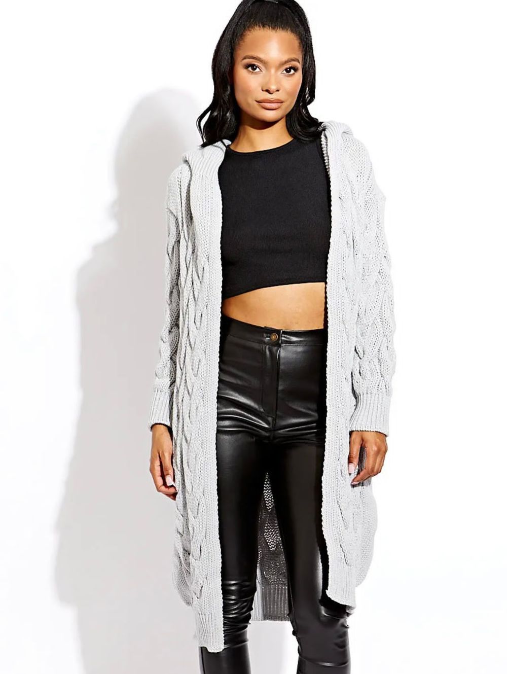 Ladies Cable Knit Hooded Cardigan – One Size – Grey Ladies Cable Knit Hooded Cardigan – One Size – Grey