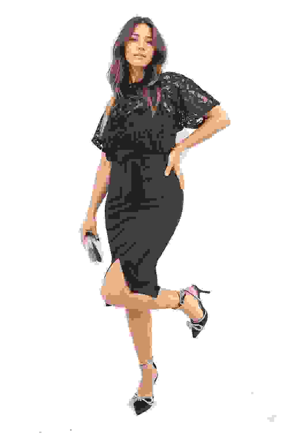 Norah Floral Lace Sleeve Tie Waist Midi Dress – Black