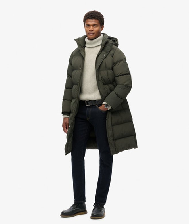 Superdry & Co Men’s Hooded Long Puffer Jacket Green Surplus Goods Olive Green – Size: Superdry & Co Men’s Hooded Long Puffer Jacket Green Surplus Goods Olive Green – Size: