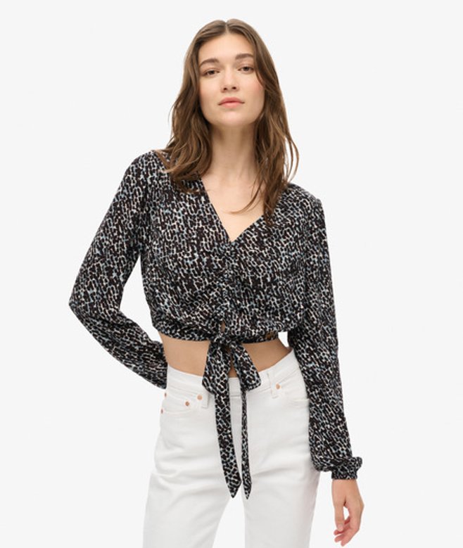 Superdry & Co Ladies Classic Ruched Vintage Tie Front Top, Black and Grey, Size: Superdry & Co Ladies Classic Ruched Vintage Tie Front Top, Black and Grey, Size: