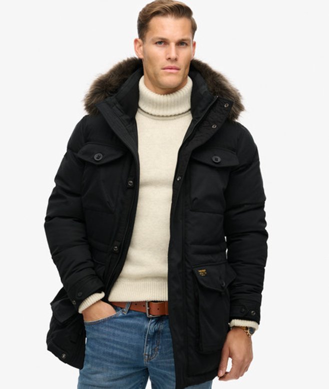 Superdry & Co Men’s Men’s Classic Chinook Faux Fur Parka Coat, Black, Size: