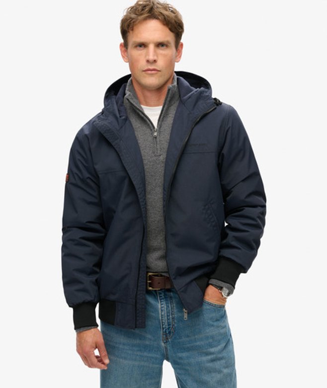 Superdry & Co Mens Classic Embroidered Logo Surplus Nylon Hooded Bomber Jacket, Navy Blue, Size: Superdry & Co Mens Classic Embroidered Logo Surplus Nylon Hooded Bomber Jacket, Navy Blue, Size: