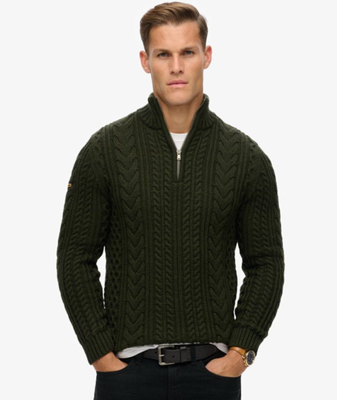 Superdry & Co Men’s Vintage Jacob Cable Knit Half Zip Jumper Green Surplus Goods Olive – Size: Xxl Superdry & Co Men’s Vintage Jacob Cable Knit Half Zip Jumper Green Surplus Goods Olive – Size: Xxl