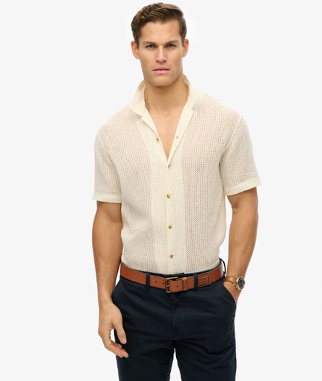 Superdry & Co Men’s Knitted Texture Shirt Cream Ecru Texture – Size: