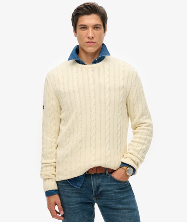 Superdry & Co Men’s Cotton Classic Cable Knit Crew Jumper Cream – Size: Superdry & Co Men’s Cotton Classic Cable Knit Crew Jumper Cream – Size:
