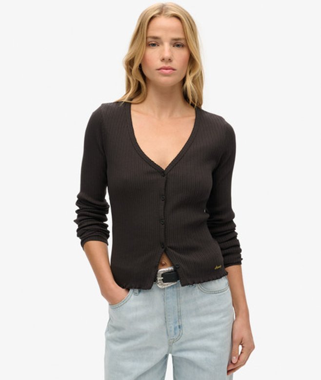Superdry & Co Ladies Slim Fit Ribbed Essential Button Through Long Sleeve Top, Black, Size: –