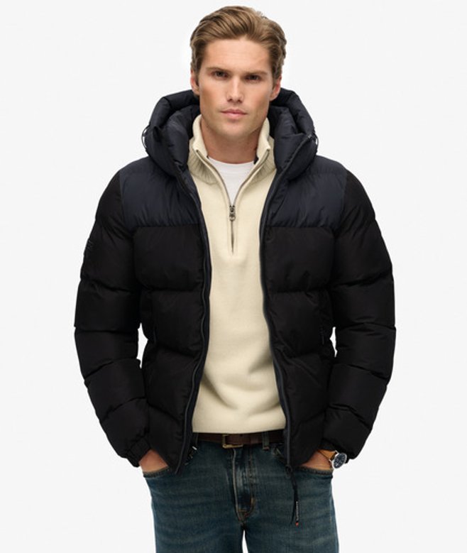 Superdry & Co Men’s Colourblock Hooded Puffer Jacket Black Blackebony – Size: Superdry & Co Men’s Colourblock Hooded Puffer Jacket Black Blackebony – Size:
