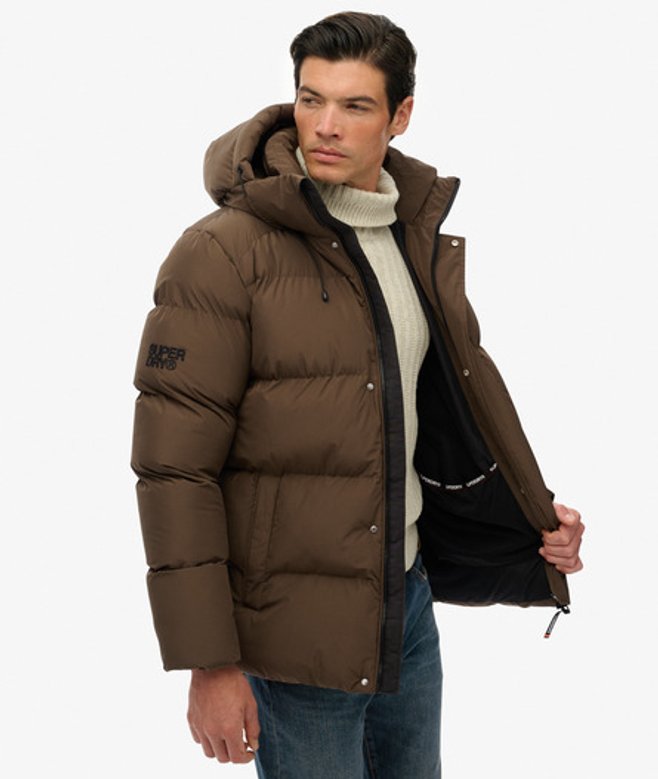 Superdry & Co Men’s Hooded Mid Length Sports Puffer Jacket Brown Slate Brown – Size: