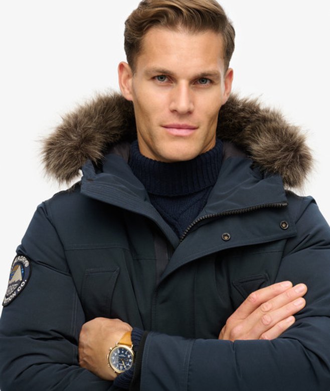 Superdry & Co Men’s Everest Loose Fit Embroidered Logo Faux Fur Parka Jacket, Navy, Size: Superdry & Co Men’s Everest Loose Fit Embroidered Logo Faux Fur Parka Jacket, Navy, Size: