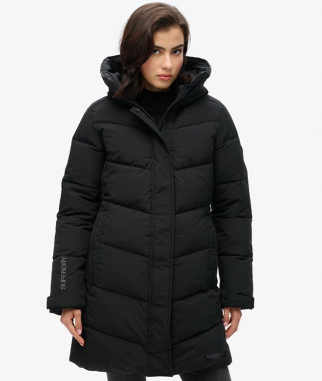 Superdry & Co Ladies Slim Fit Embroidered Logo City Chevron Padded Parka Jacket, Black, Size: