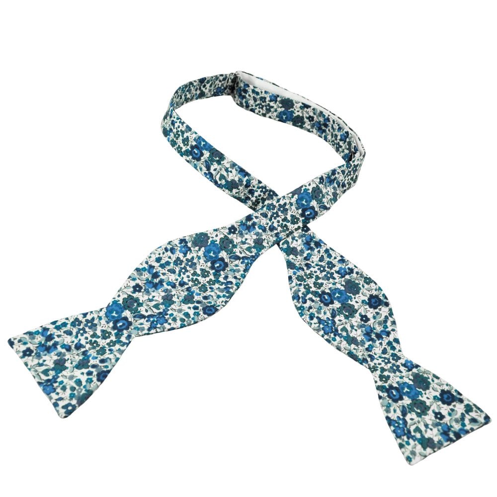Van Buck White, Blue, Teal Self Tie Bow Tie Made with Liberty Fabric