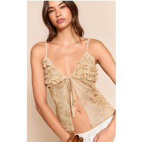 Stone Paisley Printed Mesh Ruffle Bust Tie Front Top
