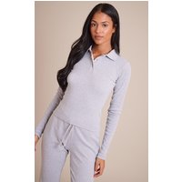 Tall Grey Marl Collared Long Sleeve Rib Top