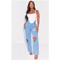 PrettyLittleThing Shape Light Blue High Waist Ripped Wide Leg Jeans, Light Blue Wash