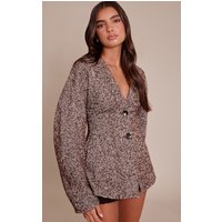 Brown Herringbone Collarless Cocoon Sleeve Blazer Brown Herringbone Collarless Cocoon Sleeve Blazer