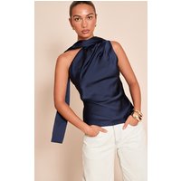 Navy Satin Asymmetric Scarf Detail Top