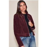 Burgundy Studded Detail Faux Suede Zip Up Jacket