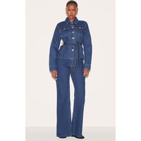 Dark Blue Mid Waist Contrast Stitch Flared Jeans Dark Blue Mid Waist Contrast Stitch Flared Jeans