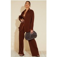 Chocolate Brown Plisse High Waisted Wide Leg Trousers