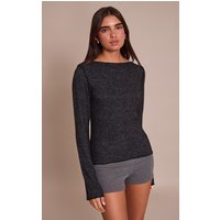Charcoal Soft Knit Straight Neck Long Sleeve Top, Charcoal Grey