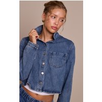 Mid Blue Wash Relaxed Long Sleeve Cropped Denim Shirt