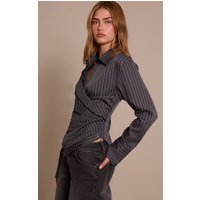Grey Pinstripe Ruched Wrap Detail Long Sleeve Shirt