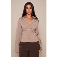 Petite Taupe Pinstripe Ruched Bust Button Up Shirt