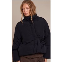 Black High Neck Tie Waist Quilted Puffer Jacket
