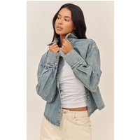 Vintage Balloon Sleeve Curved Hem Denim Shirt, Vintage Wash