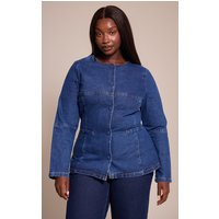 Plus Denim Round Neck Shirt, Mid Blue Wash