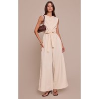 Buttercream Woven Button Tie Belt Wide Leg Jumpsuit, Pale Yellow Buttercream Woven Button Tie Belt Wide Leg Jumpsuit, Pale Yellow
