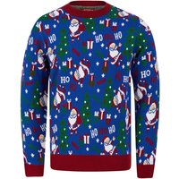 Jumpers Santa Repeat Motif Novelty Christmas Jumper in Sapphire Blue – Merry Christmas