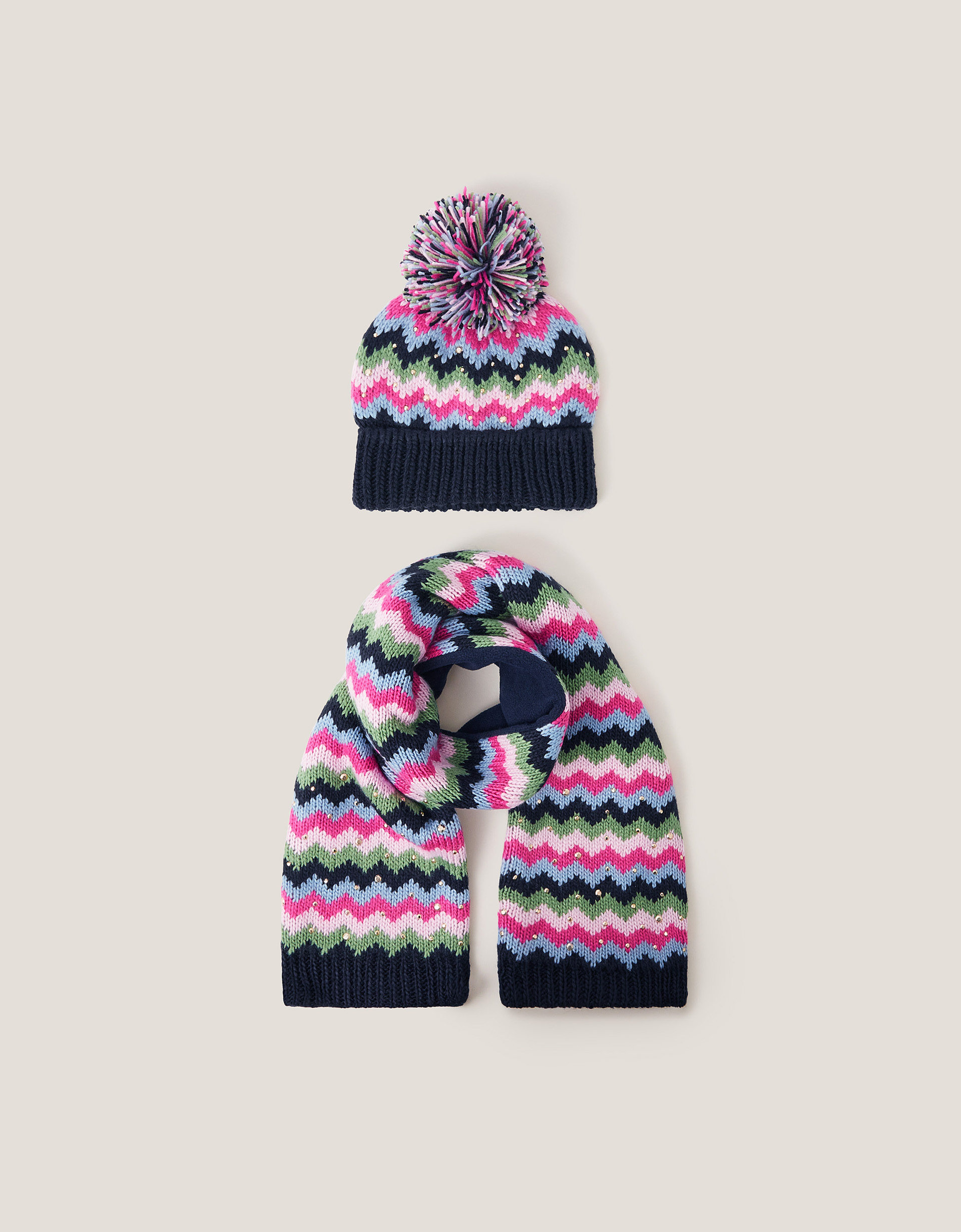 Zig Zag Bobble Hat & Scarf Set Multi Zig Zag Bobble Hat & Scarf Set Multi