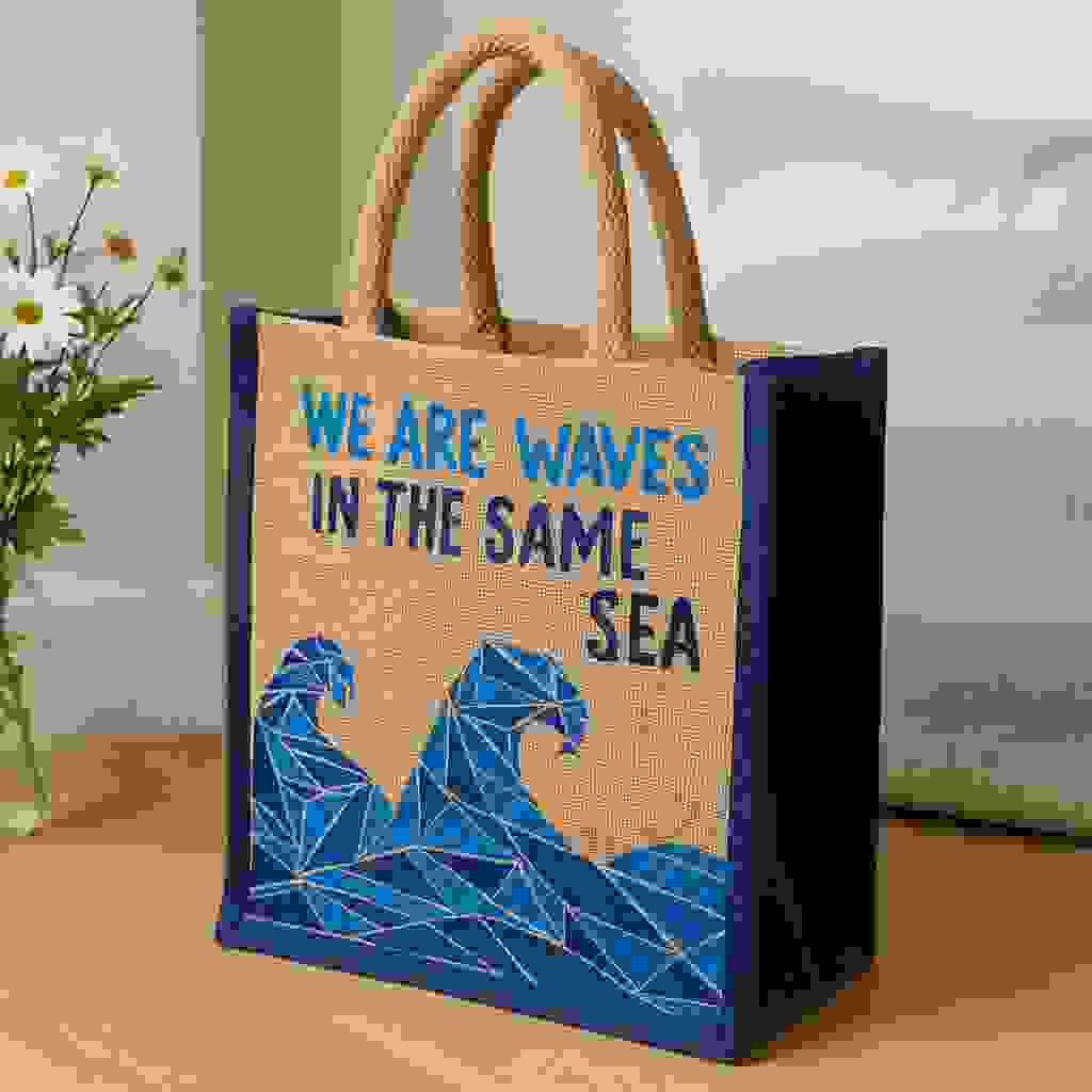 Jute Tote Bag Blue Waves Print Jute Tote Bag Blue Waves Print