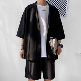 Set: Elbow-Sleeve Plain Shirt + Mid Rise Shorts J – Black Set: Elbow-Sleeve Plain Shirt + Mid Rise Shorts J – Black