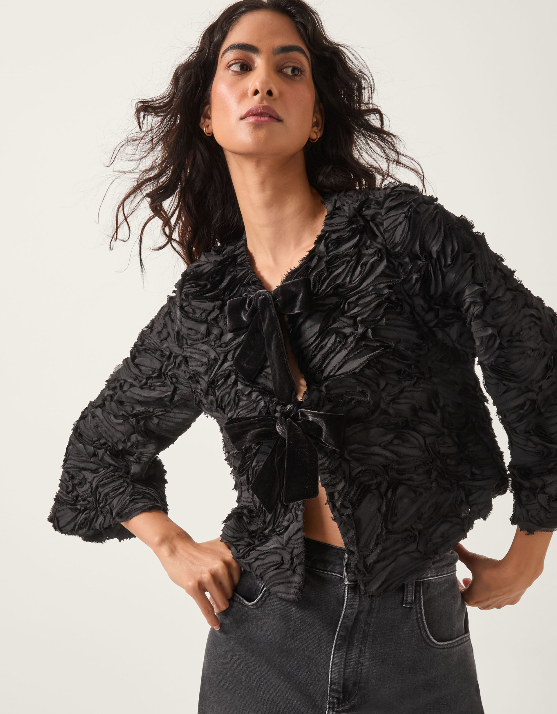Tia Tie-Front Textured Jersey Jacket Black