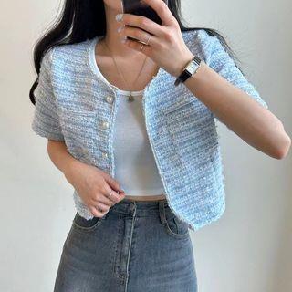 Short Sleeve Single Breasted Tweed Crop Blazer Blue