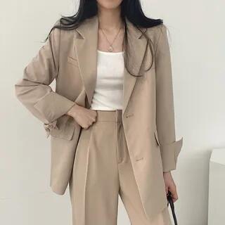 Lapel Collar Plain Single-Breasted Blazer High Waist Wide Leg Dress Pants Blazer – Black