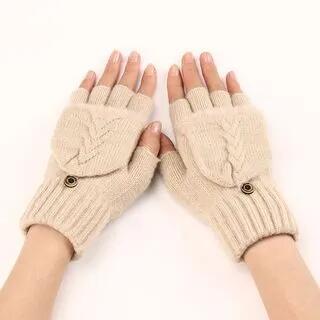 Cable Knit Fingerless Gloves with Flap Beige