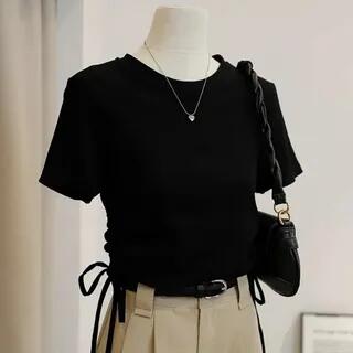 Short-Sleeve Crew Neck Plain Lace Up Shirt Light Purple Short-Sleeve Crew Neck Plain Lace Up Shirt Light Purple