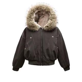 Contrast Stitching Fleece-Lined Fluffy Trim Hooded Zip Jacket – Grayish Green