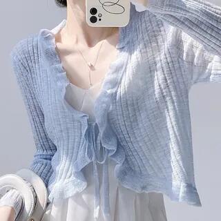 V-Neck Plain Ruffle Trim Tie Front Crop Top Light Blue V-Neck Plain Ruffle Trim Tie Front Crop Top Light Blue