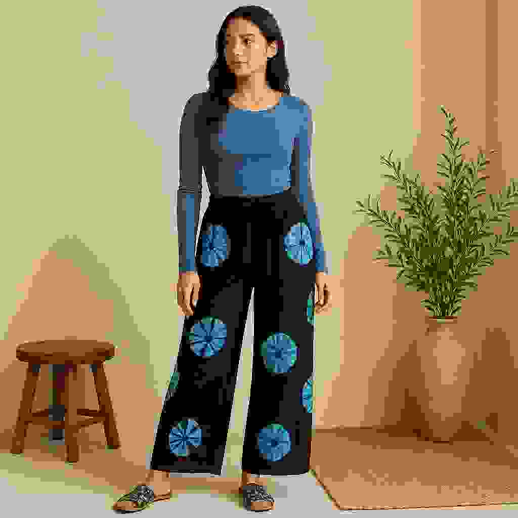 Japanese Shibori Tie-Dye Wide-Leg Lounge Pants, BlackAqua Japanese Shibori Tie-Dye Wide-Leg Lounge Pants, BlackAqua