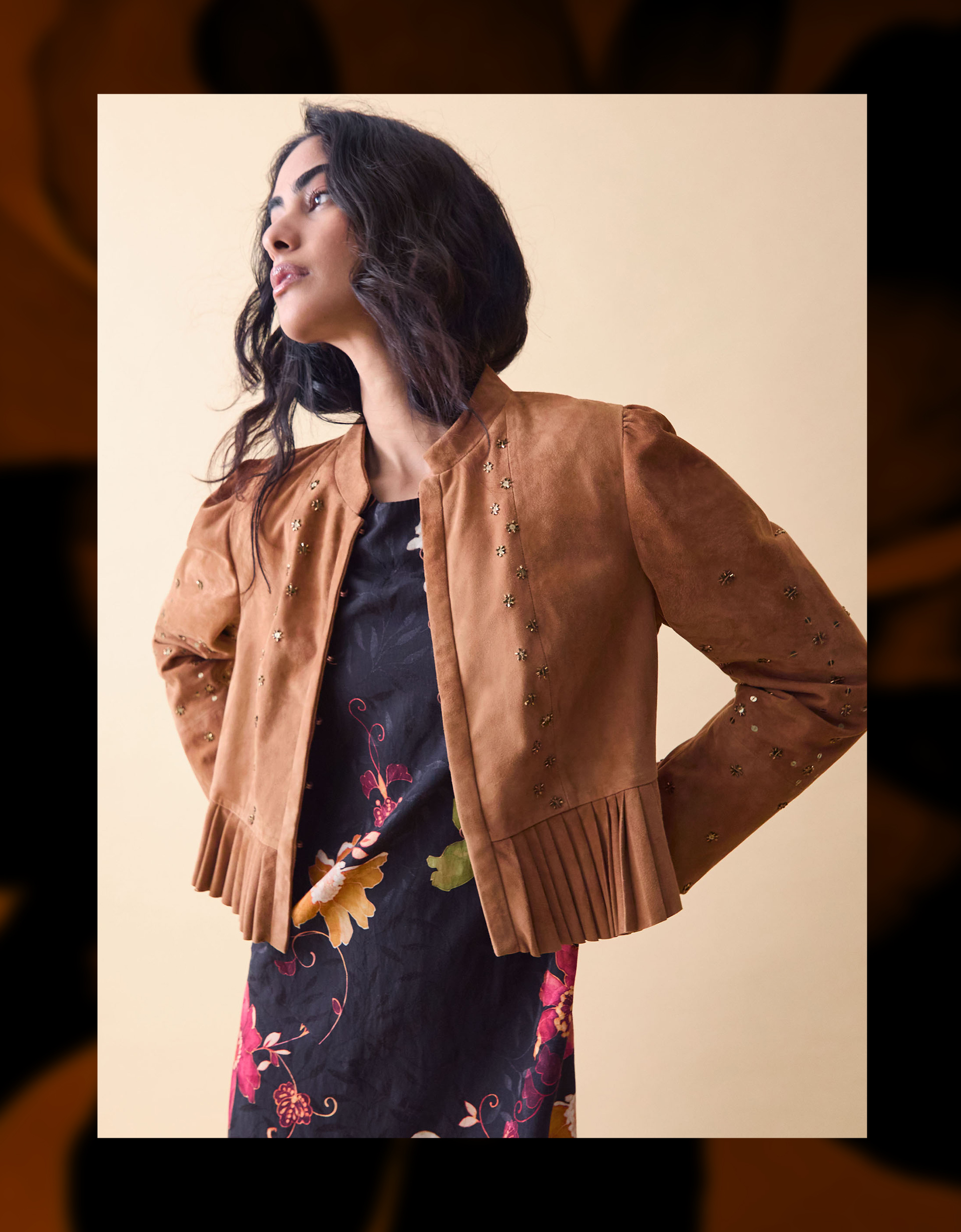 Clemence Fleur Embellished Suede Jacket Tan Clemence Fleur Embellished Suede Jacket Tan