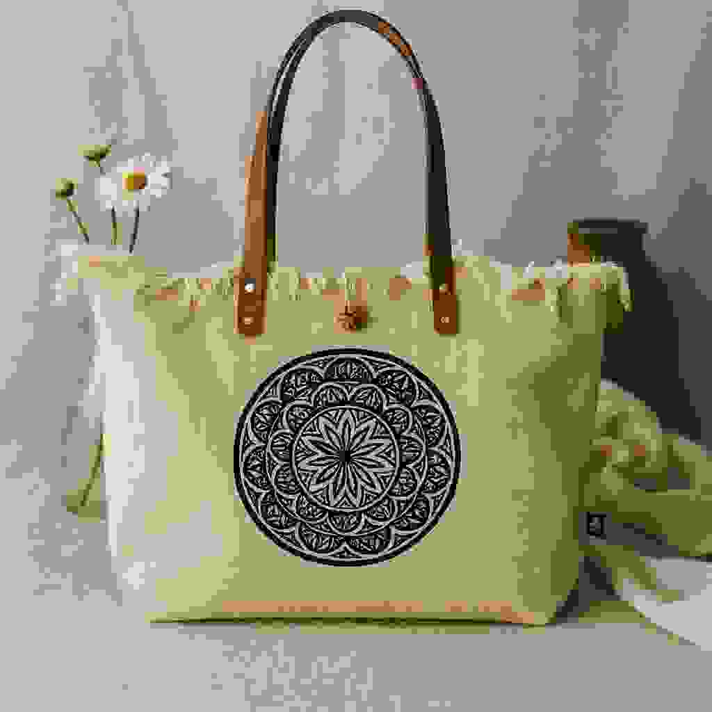 Tote Bag Eco-Friendly Beige Mandala Brown Leather Handles Tote Bag Eco-Friendly Beige Mandala Brown Leather Handles